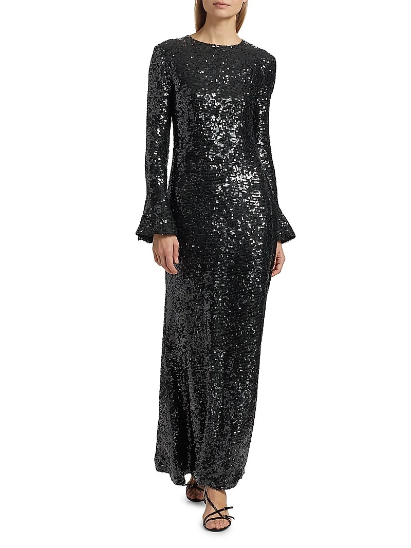 Sequined Flare-Sleeve Sheath Gown