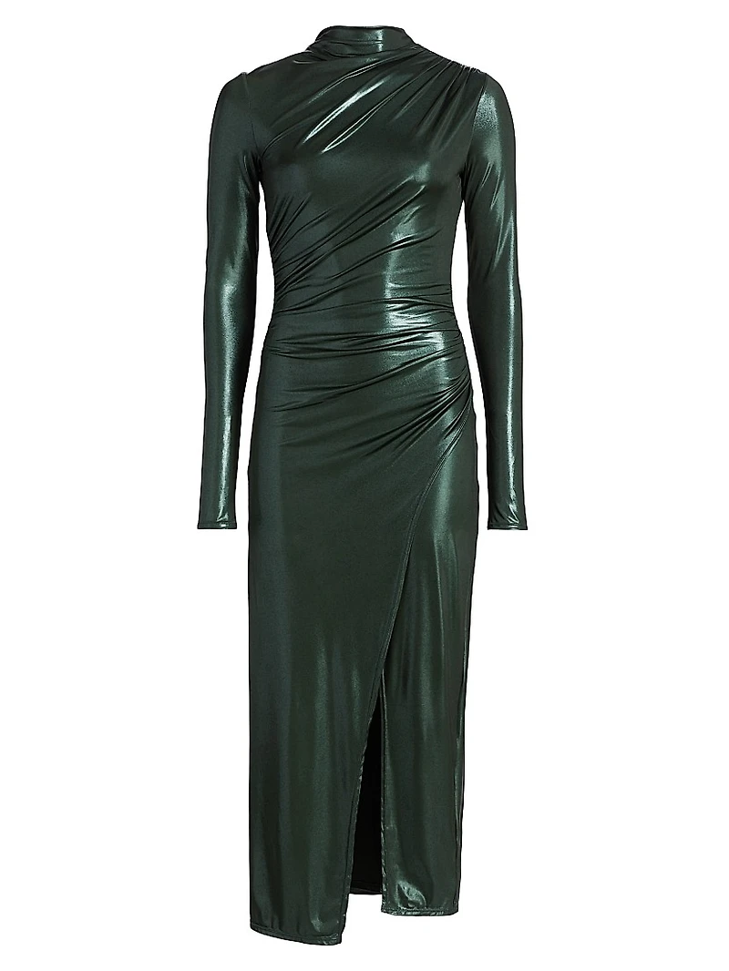Coated Jersey Draped Midi-Dress