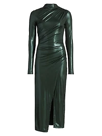 Coated Jersey Draped Midi-Dress