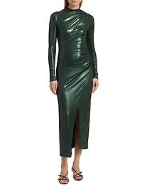 Coated Jersey Draped Midi-Dress