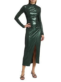 Coated Jersey Draped Midi-Dress