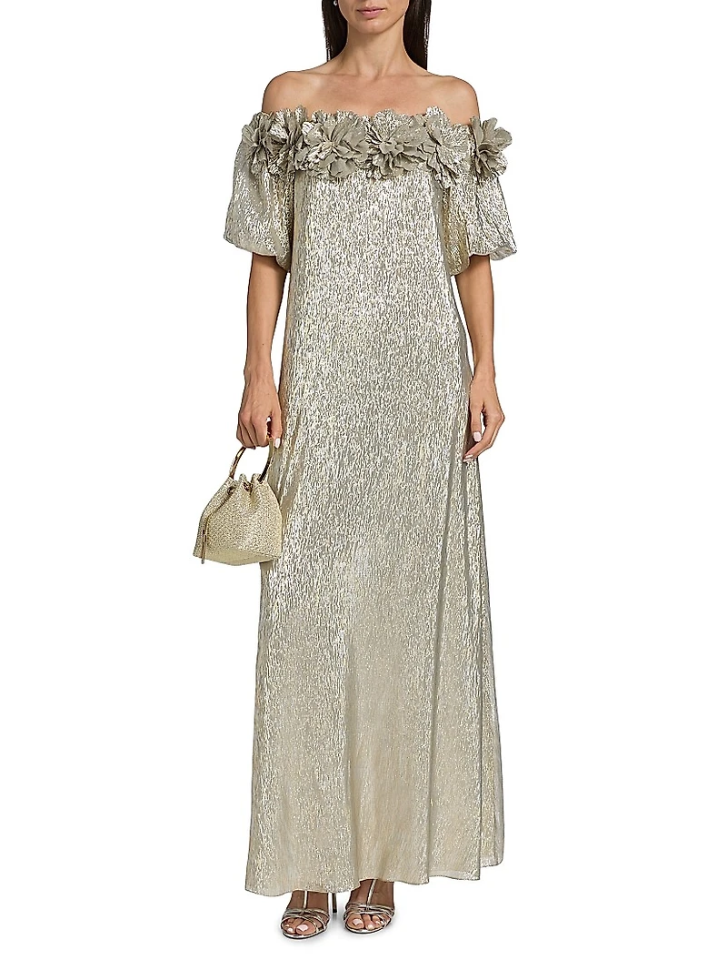 Valentina Metallic Silk Off-The-Shoulder Gown