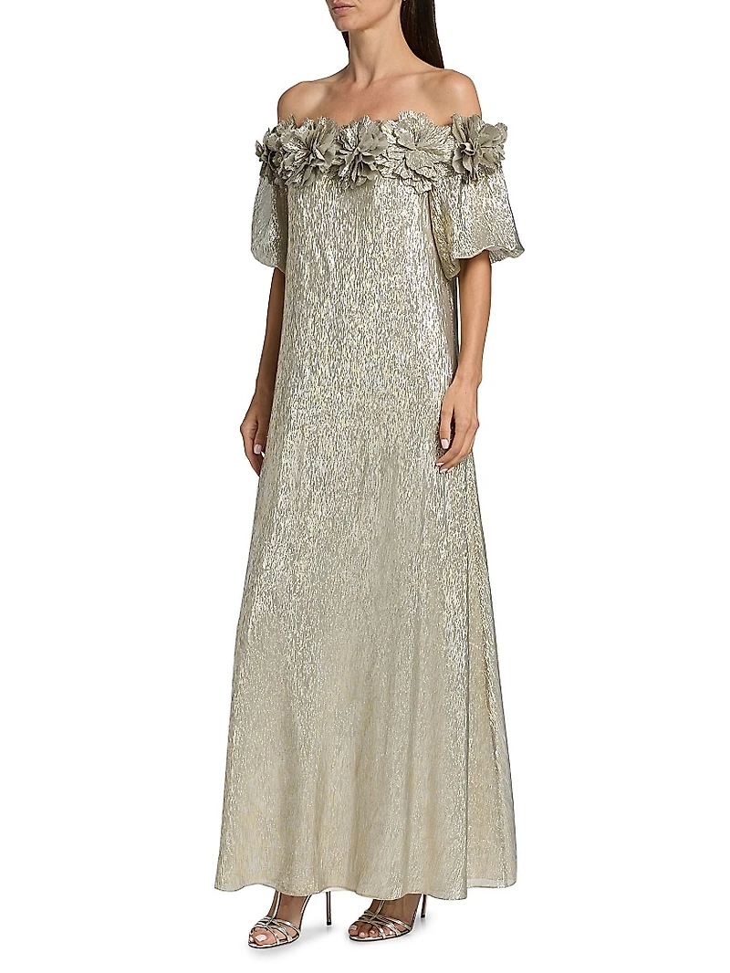 Valentina Metallic Silk Off-The-Shoulder Gown