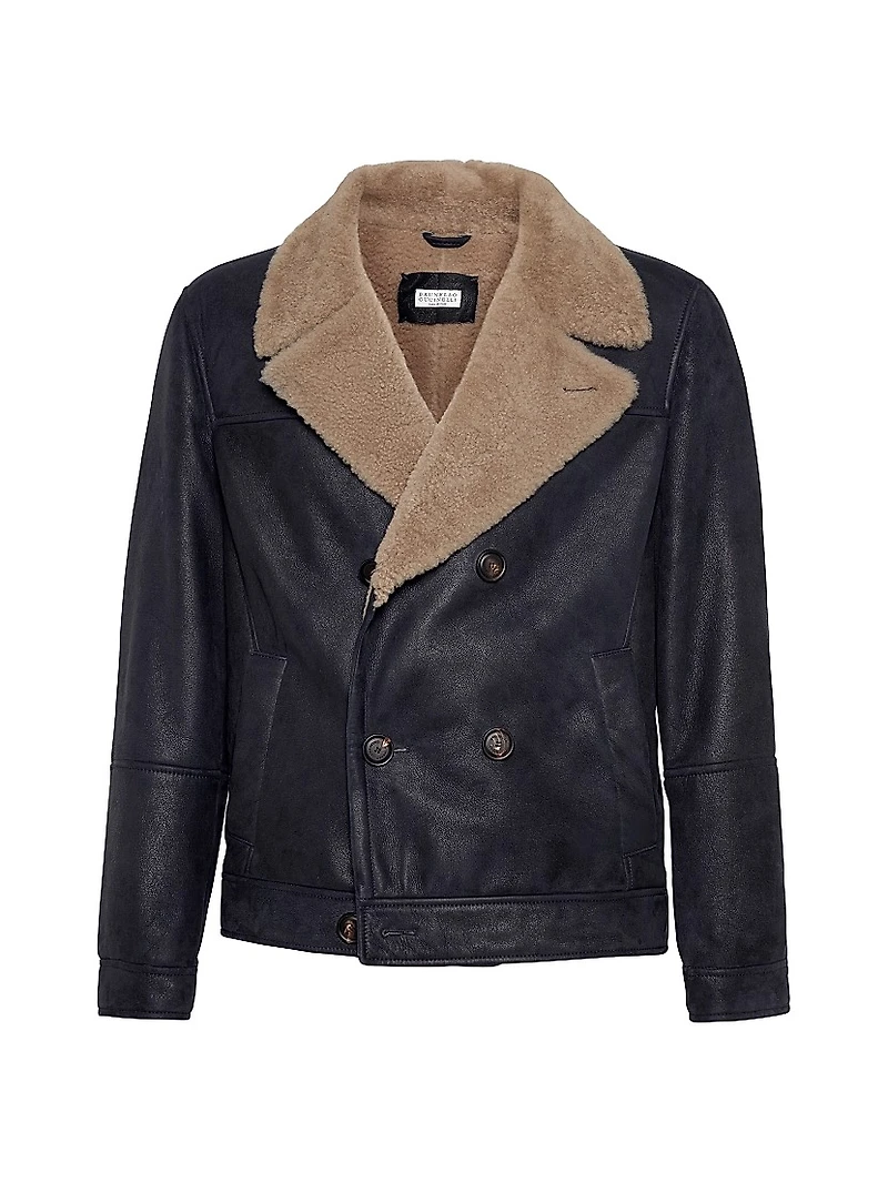 Nubuck Effect Shearling One and a Half Breasted Outerwear Jacket