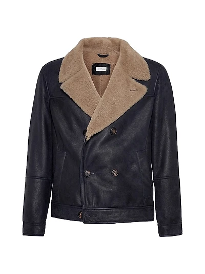 Nubuck Effect Shearling One and a Half Breasted Outerwear Jacket