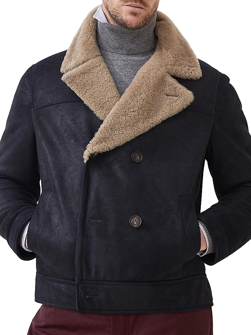 Nubuck Effect Shearling One and a Half Breasted Outerwear Jacket