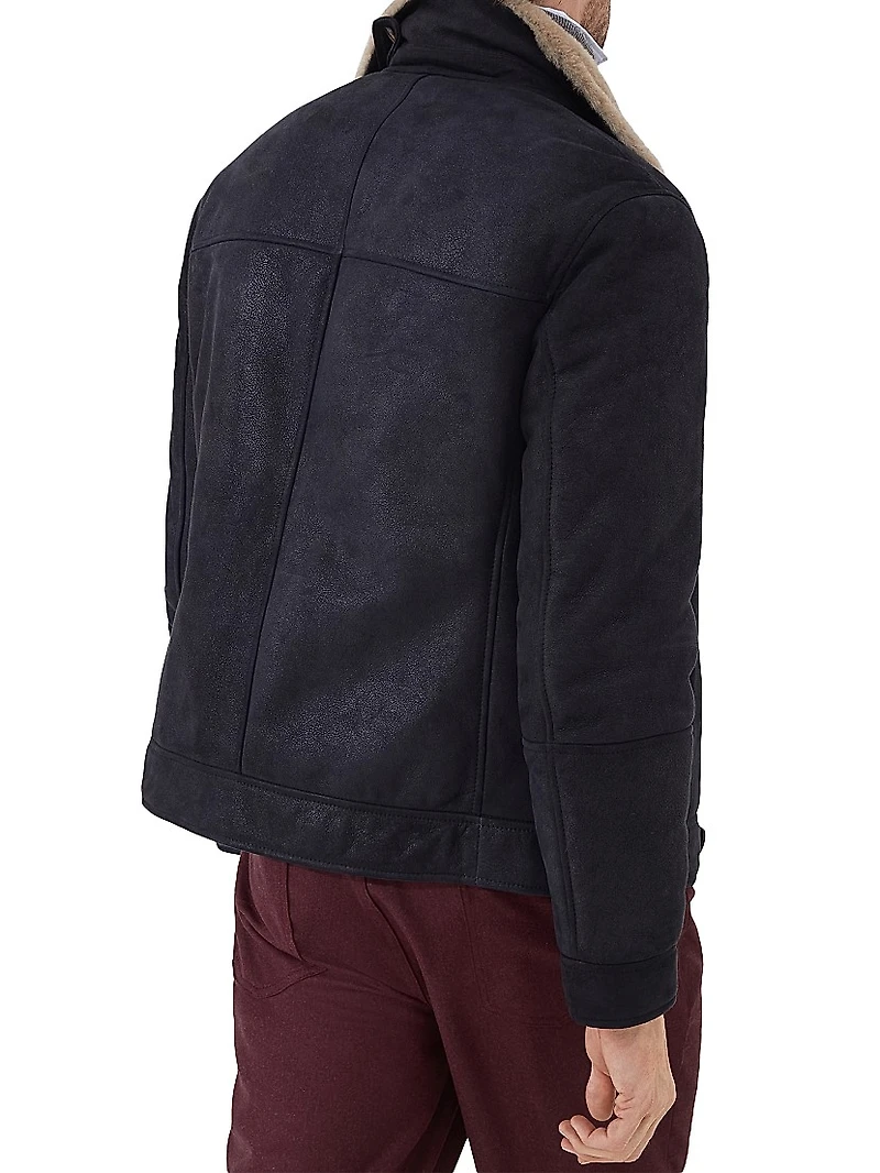 Nubuck Effect Shearling One and a Half Breasted Outerwear Jacket