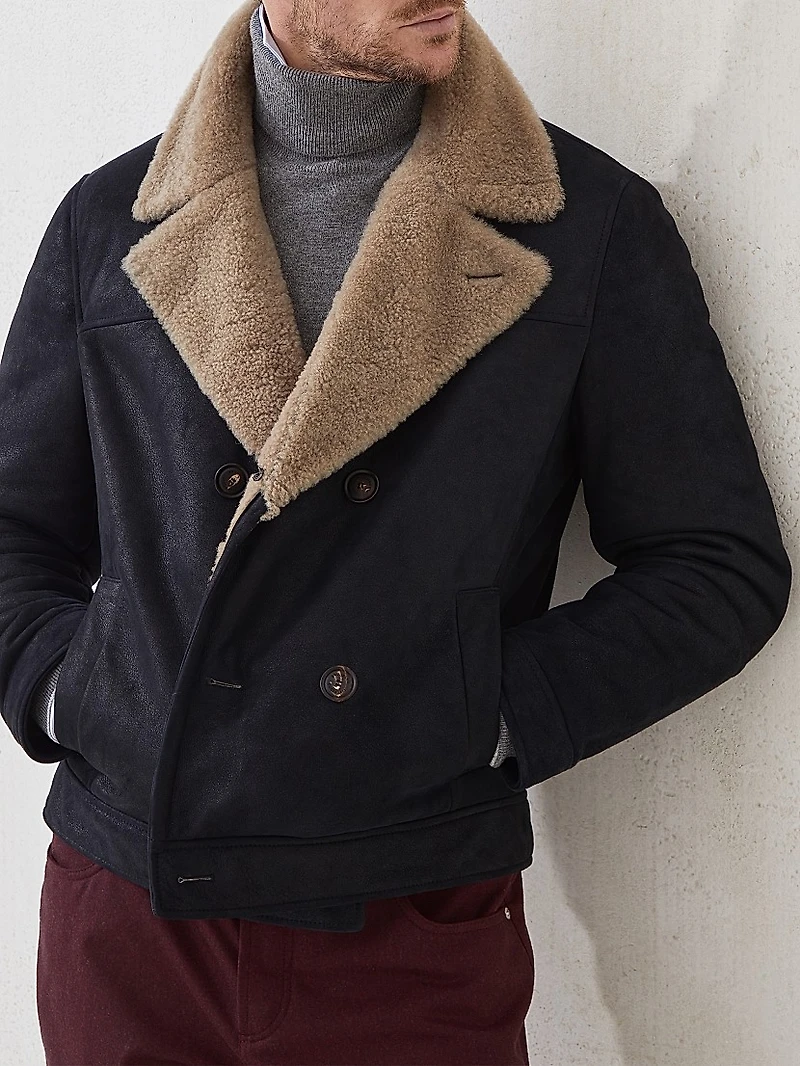 Nubuck Effect Shearling One and a Half Breasted Outerwear Jacket