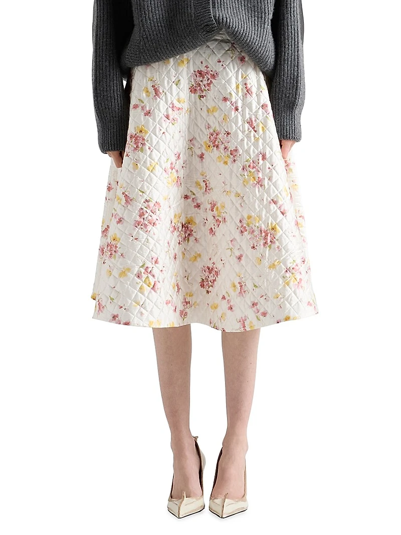 Floral Print Quilted Satin Circle Skirt