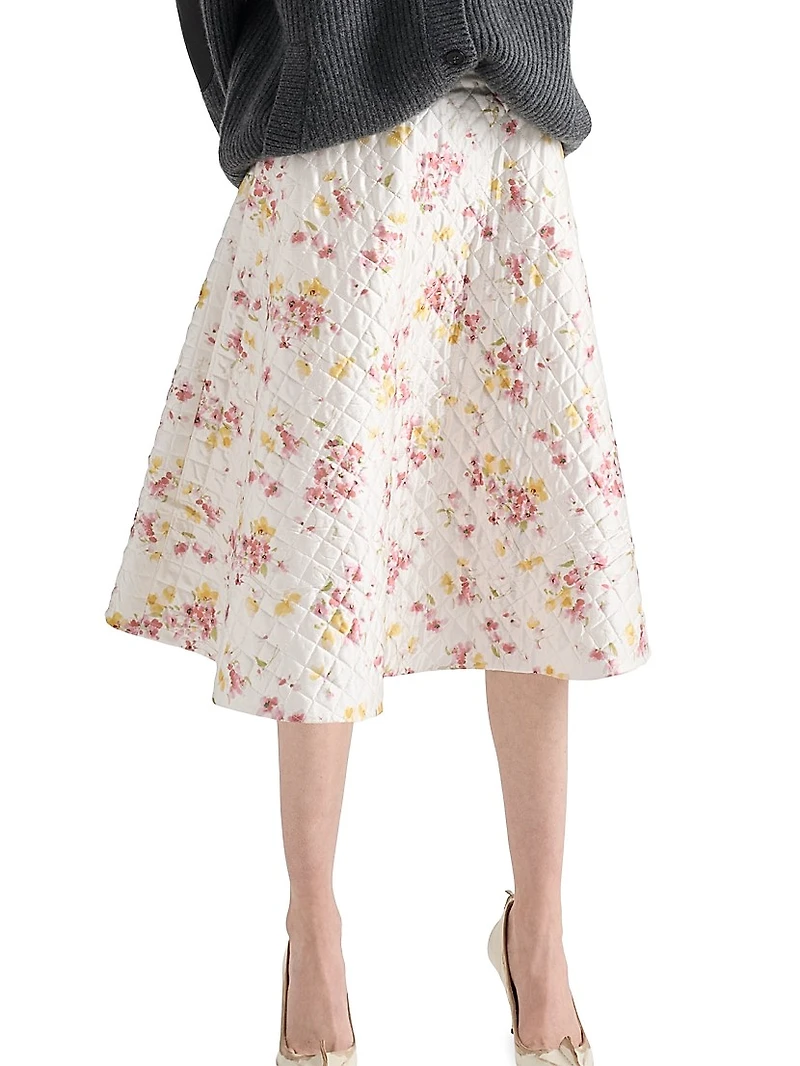 Floral Print Quilted Satin Circle Skirt