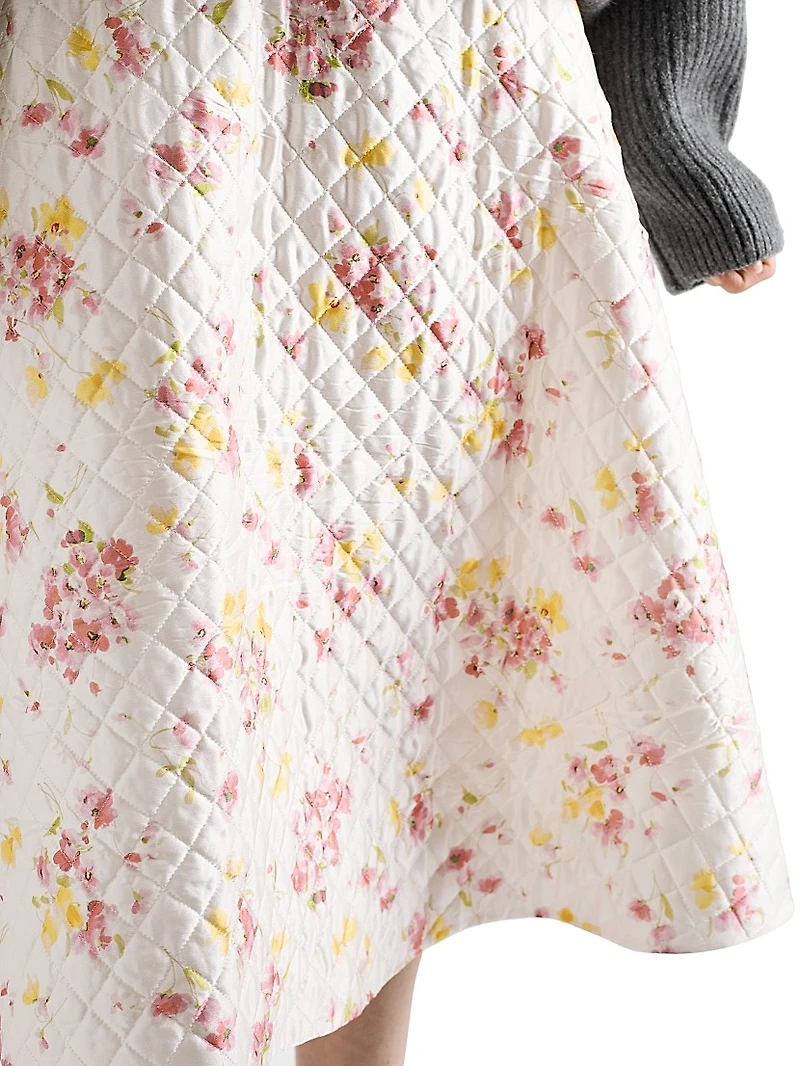 Floral Print Quilted Satin Circle Skirt