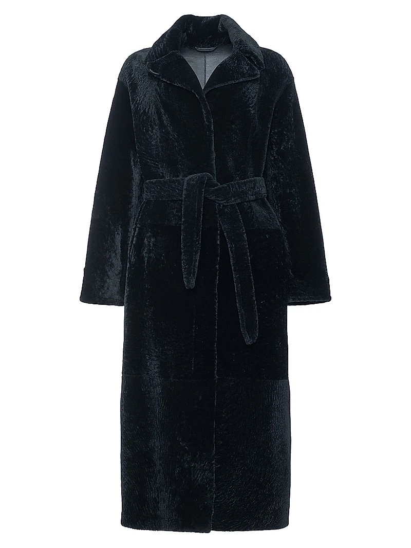 Reversible Textured Shearling Lamb Coat with Side Slits, Belt