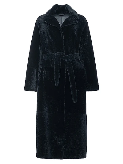 Reversible Textured Shearling Lamb Coat with Side Slits, Belt