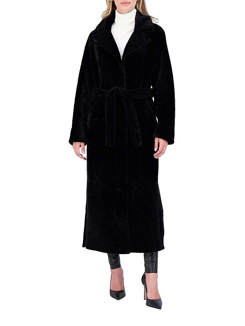 Reversible Textured Shearling Lamb Coat with Side Slits, Belt