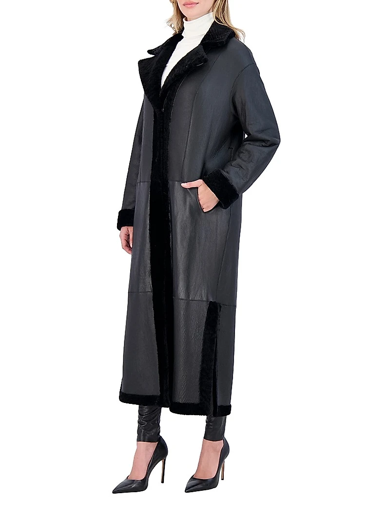 Reversible Textured Shearling Lamb Coat with Side Slits, Belt