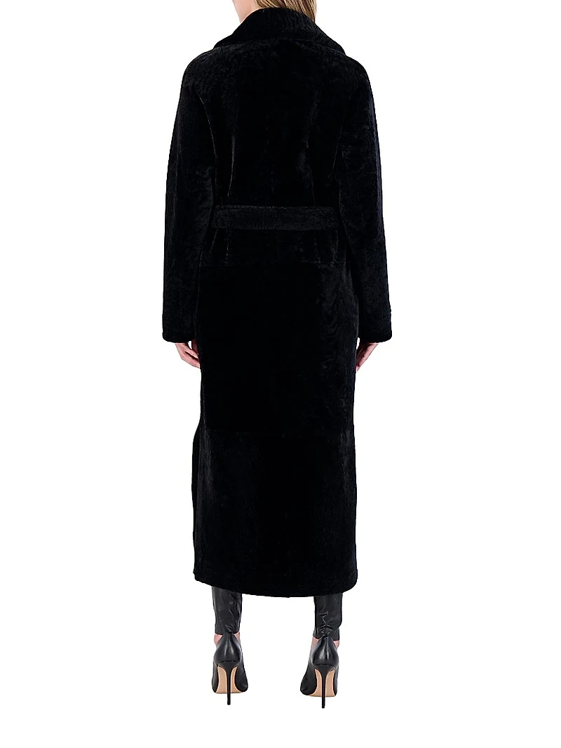 Reversible Textured Shearling Lamb Coat with Side Slits, Belt