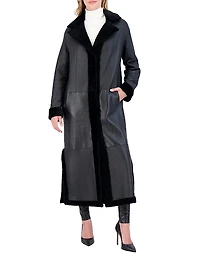 Reversible Textured Shearling Lamb Coat with Side Slits, Belt