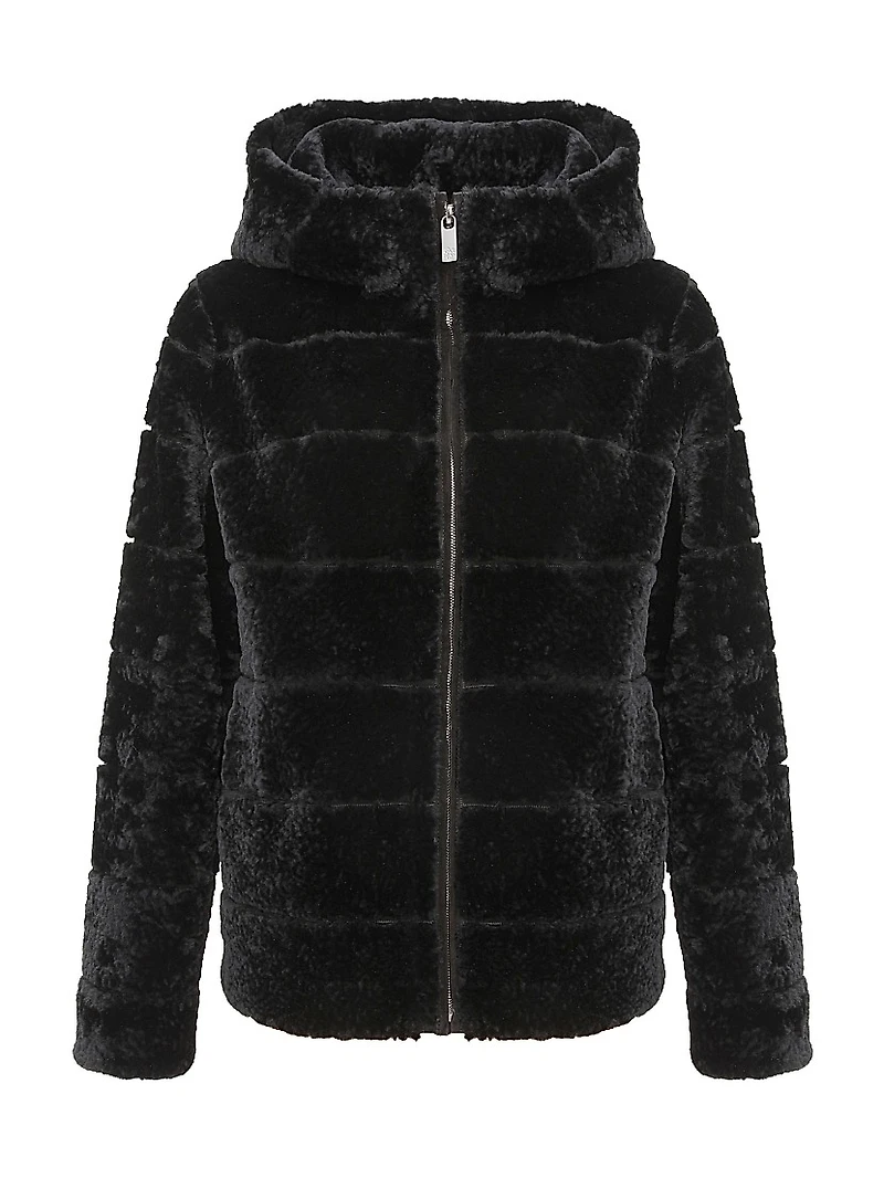 Horizontal Curly Shearling Lamb Zip Jacket with Hood