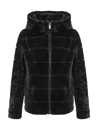 Horizontal Curly Shearling Lamb Zip Jacket with Hood