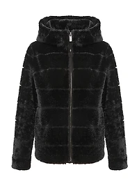 Horizontal Curly Shearling Lamb Zip Jacket with Hood