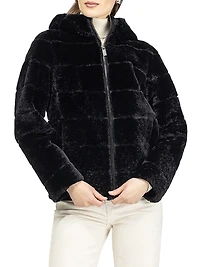 Horizontal Curly Shearling Lamb Zip Jacket with Hood