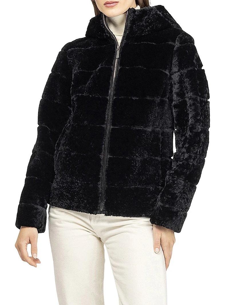 Horizontal Curly Shearling Lamb Zip Jacket with Hood