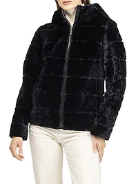 Horizontal Curly Shearling Lamb Zip Jacket with Hood