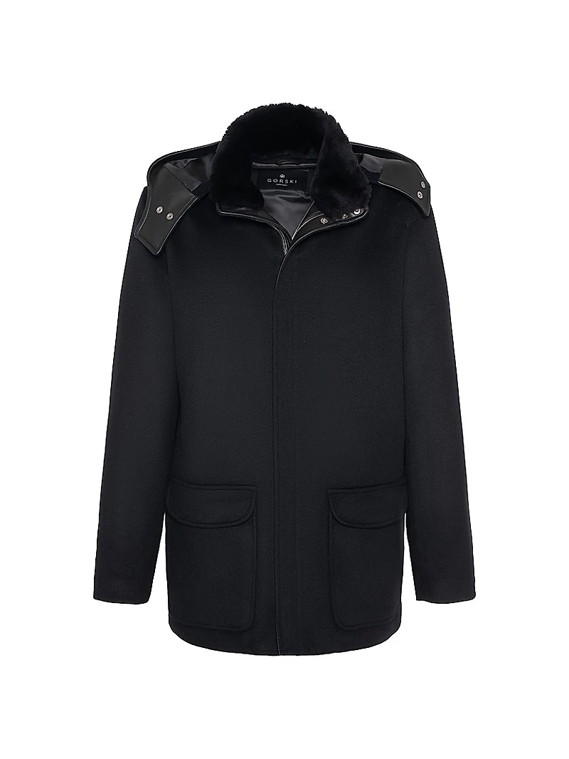 Wool Parka with Leather Trim and Shearling Lamb Collar