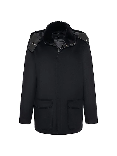 Wool Parka with Leather Trim and Shearling Lamb Collar
