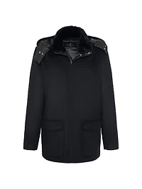 Wool Parka with Leather Trim and Shearling Lamb Collar