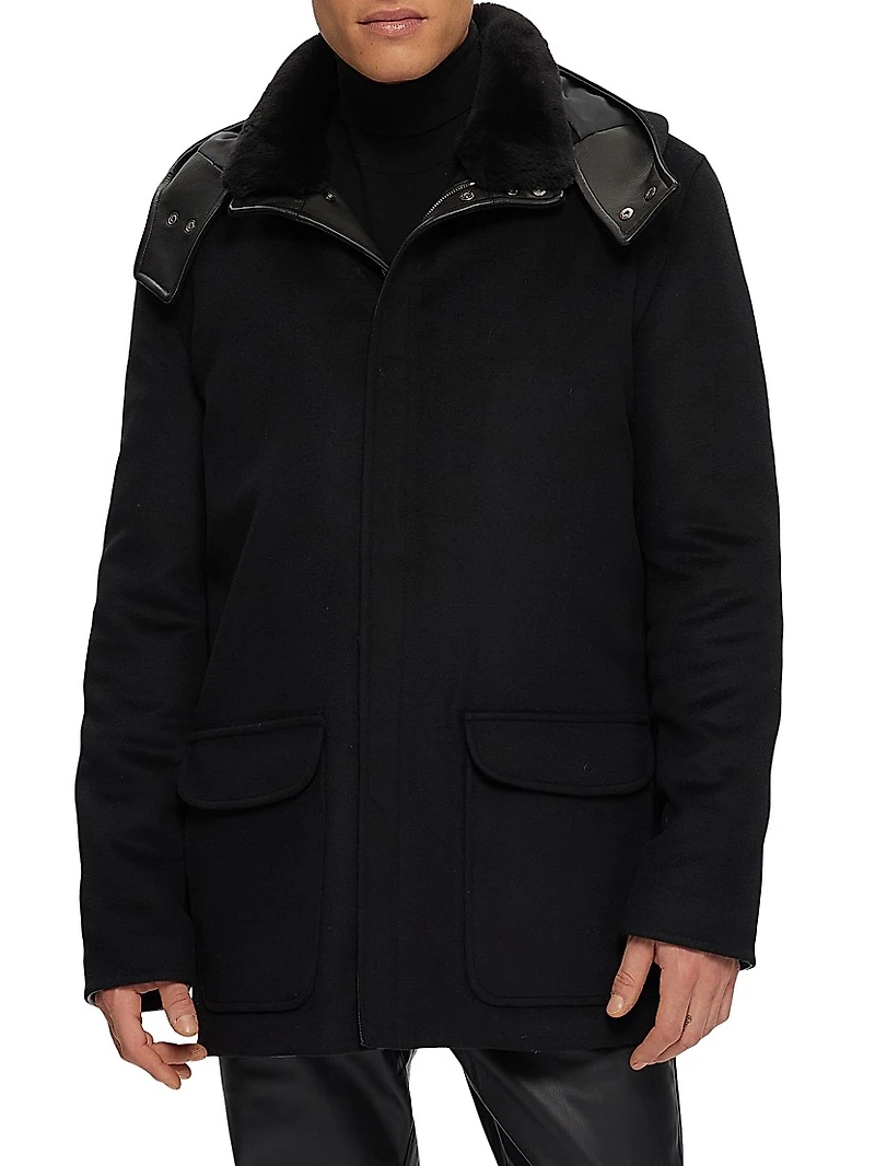 Wool Parka with Leather Trim and Shearling Lamb Collar