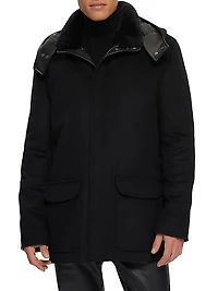 Wool Parka with Leather Trim and Shearling Lamb Collar