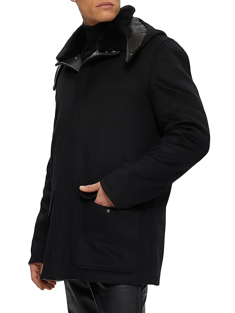 Wool Parka with Leather Trim and Shearling Lamb Collar