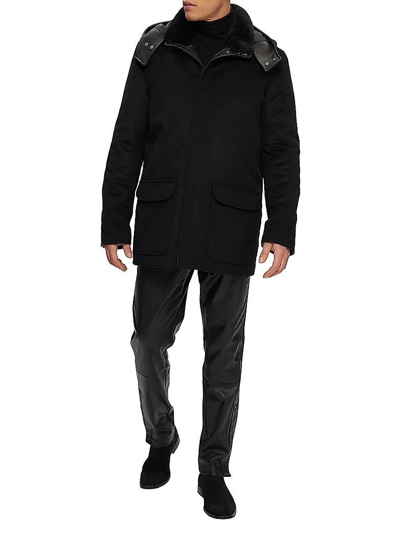 Wool Parka with Leather Trim and Shearling Lamb Collar