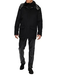 Wool Parka with Leather Trim and Shearling Lamb Collar