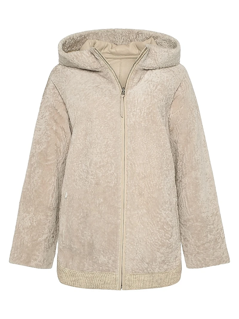 Reversible Textured Shearling Lamb Zip Parka with Ribbed Hem