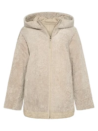 Reversible Textured Shearling Lamb Zip Parka with Ribbed Hem