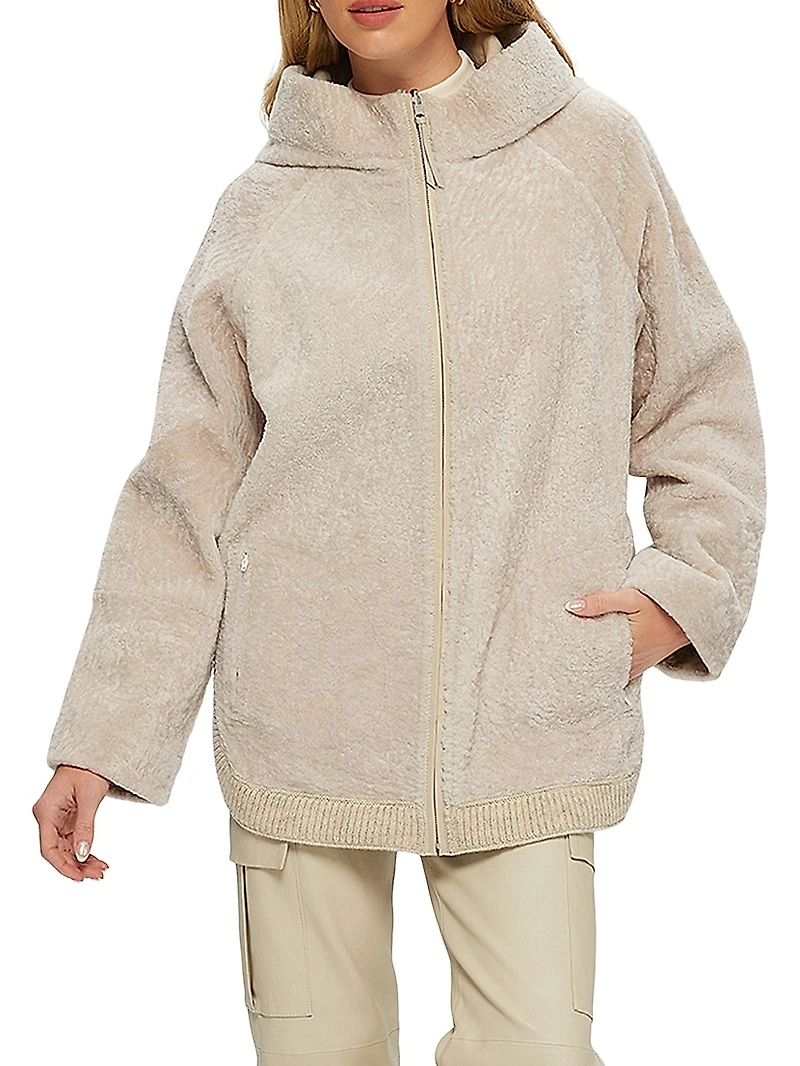 Reversible Textured Shearling Lamb Zip Parka with Ribbed Hem