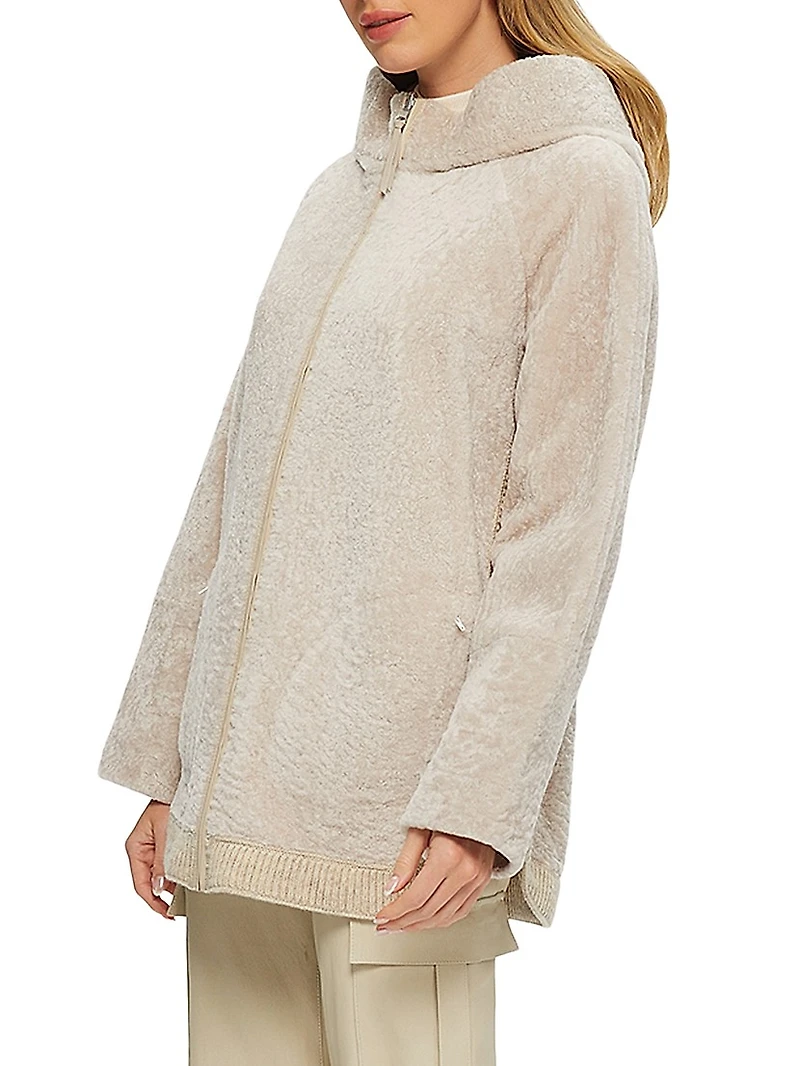 Reversible Textured Shearling Lamb Zip Parka with Ribbed Hem