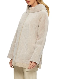 Reversible Textured Shearling Lamb Zip Parka with Ribbed Hem
