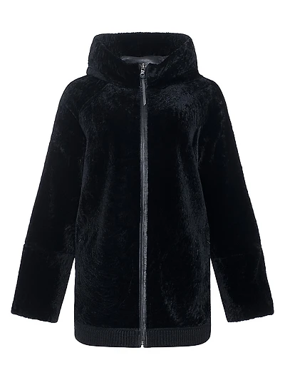 Reversible Textured Shearling Lamb Zip Parka with Ribbed Hem