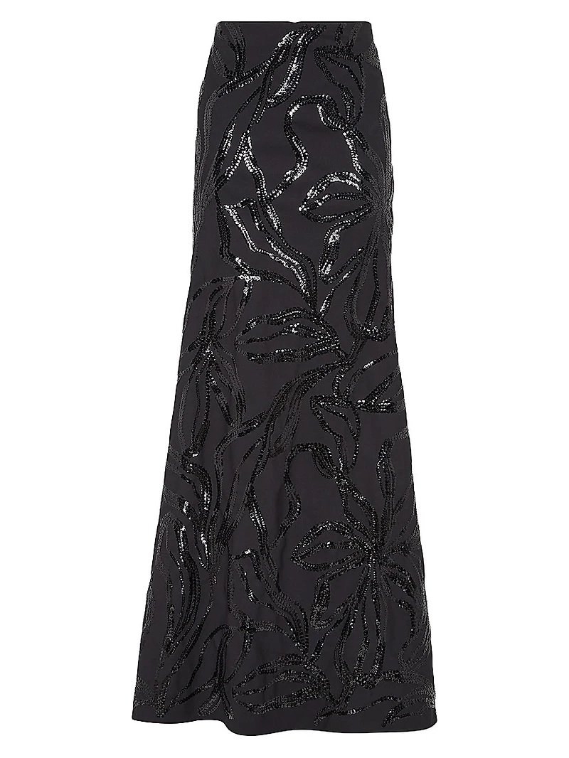 Tropical Luxury Wool Long Mermaid Skirt with Dazzling Floral Embroidery