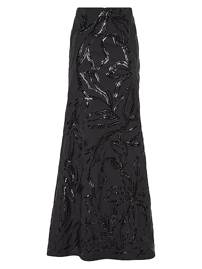 Tropical Luxury Wool Long Mermaid Skirt with Dazzling Floral Embroidery