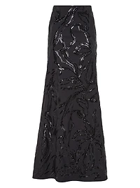 Tropical Luxury Wool Long Mermaid Skirt with Dazzling Floral Embroidery