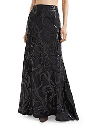 Tropical Luxury Wool Long Mermaid Skirt with Dazzling Floral Embroidery