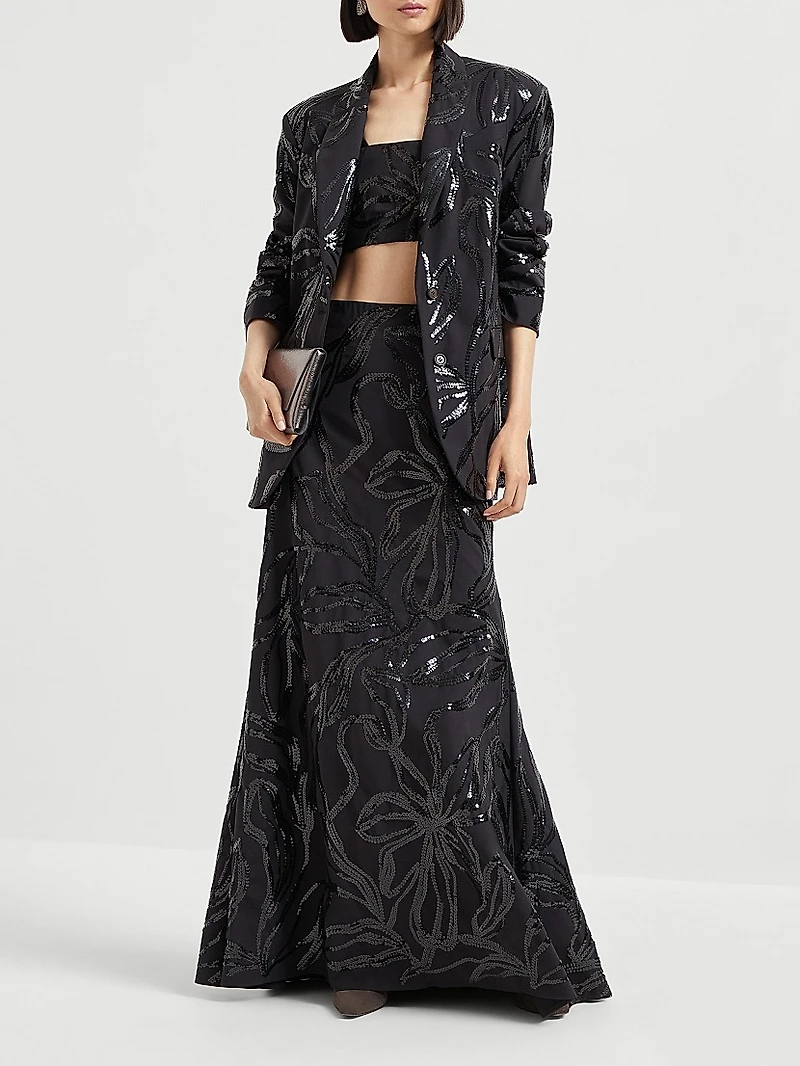 Tropical Luxury Wool Long Mermaid Skirt with Dazzling Floral Embroidery