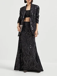 Tropical Luxury Wool Long Mermaid Skirt with Dazzling Floral Embroidery