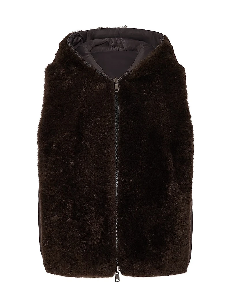 Cashmere Shearling Reversible Hooded Vest With Precious Trim