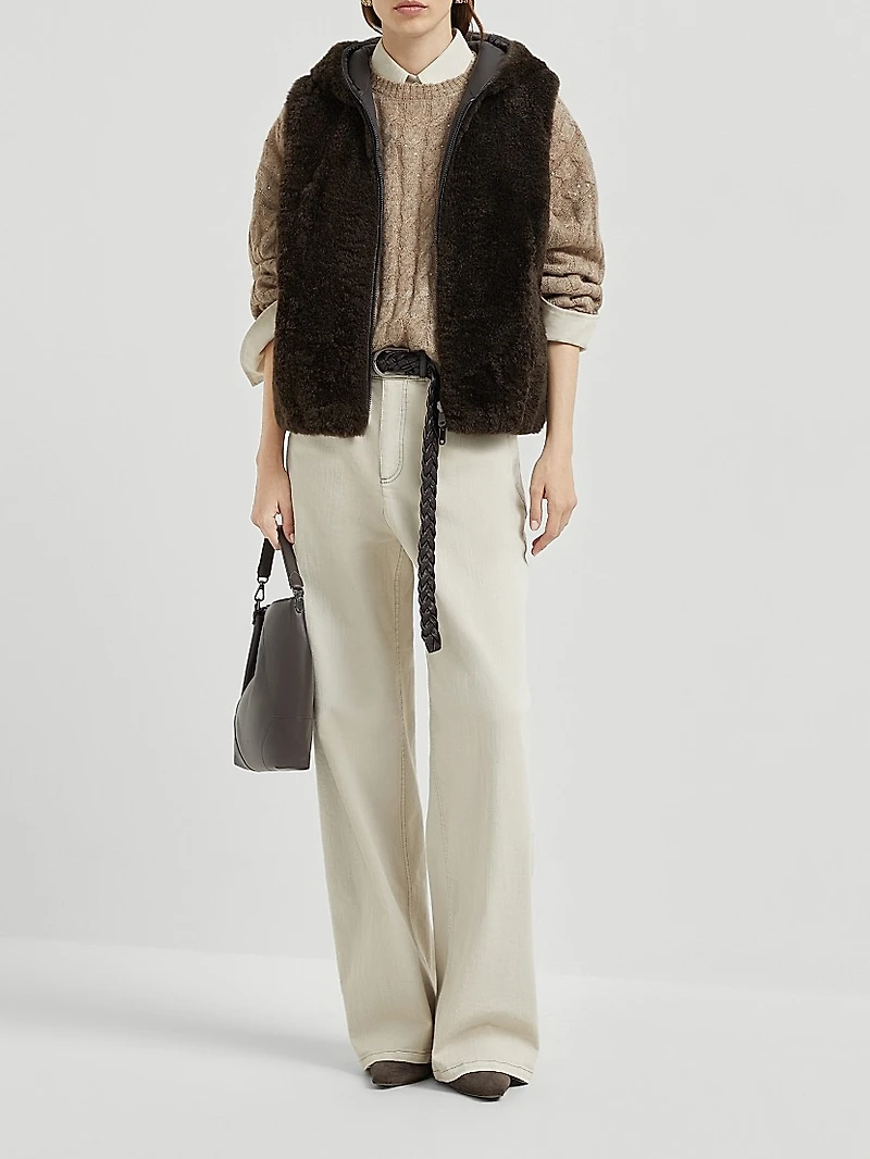 Cashmere Shearling Reversible Hooded Vest with Precious Trim