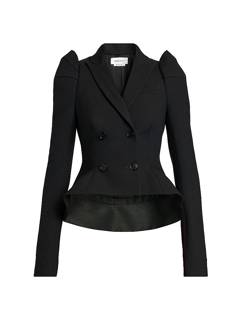 Stretch-Wool Crop Double-Breasted Blazer